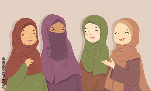 Happy Muslim best friends laughing together. Muslim women wearing hijab cartoon vector.