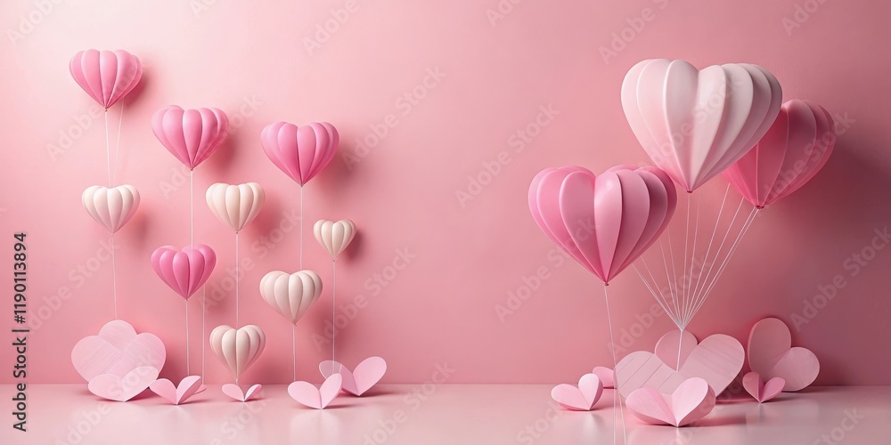 Obraz premium Pastel pink hearts made of paper float gently through air, pink hearts, balloons, pink hearts