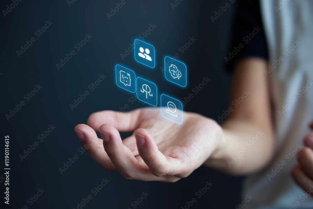 Hand displaying digital interface icons representing communication and networking Hand displaying digital interface icons representing communication and networking