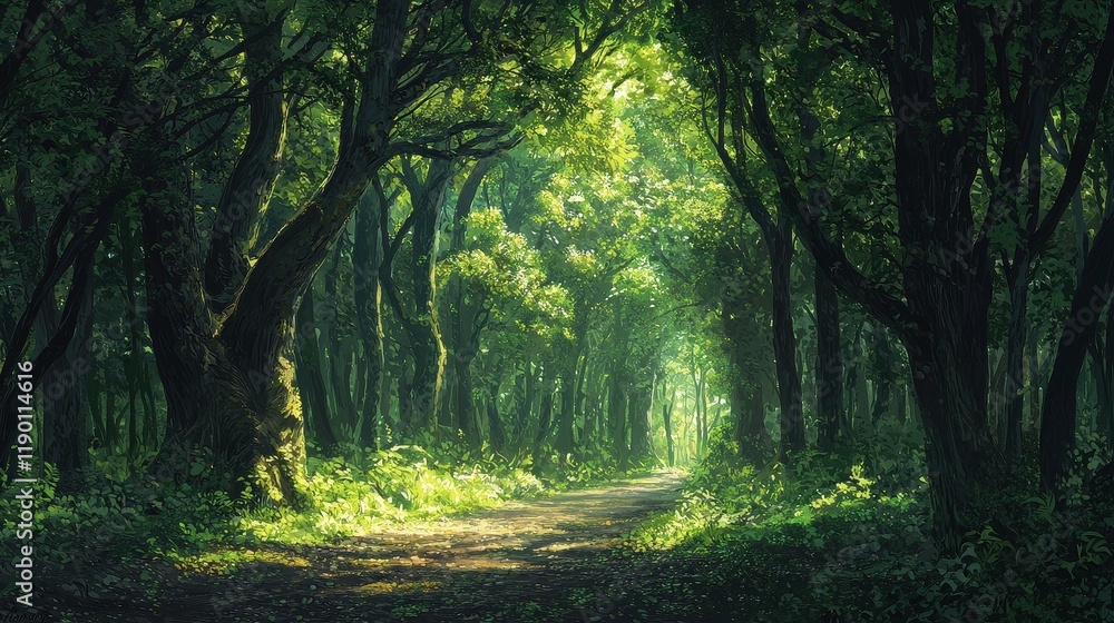 Fototapeta premium Sunlit Path Through Lush Green Forest Canopy