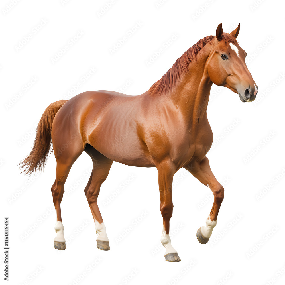 Brown horse standing on white isolated background, showcasing its muscular physique. Brown horse standing on white isolated background, showcasing its muscular physique.