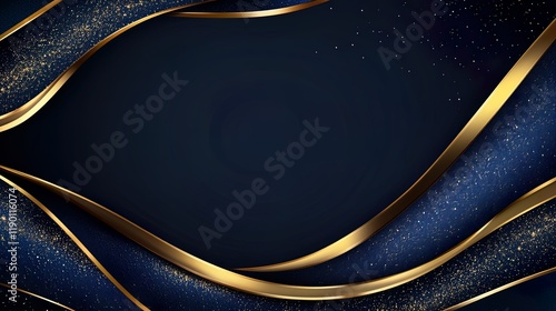 Blue background with golden lines, blue ribbon, glitter light effect and bokeh decoration. Luxury style design background