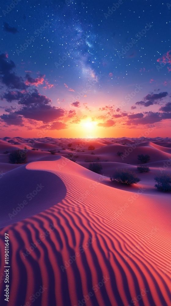 Naklejka premium A breathtaking desert landscape under a starry sky, featuring glowing sand dunes and a dramatic Milky Way reflection.