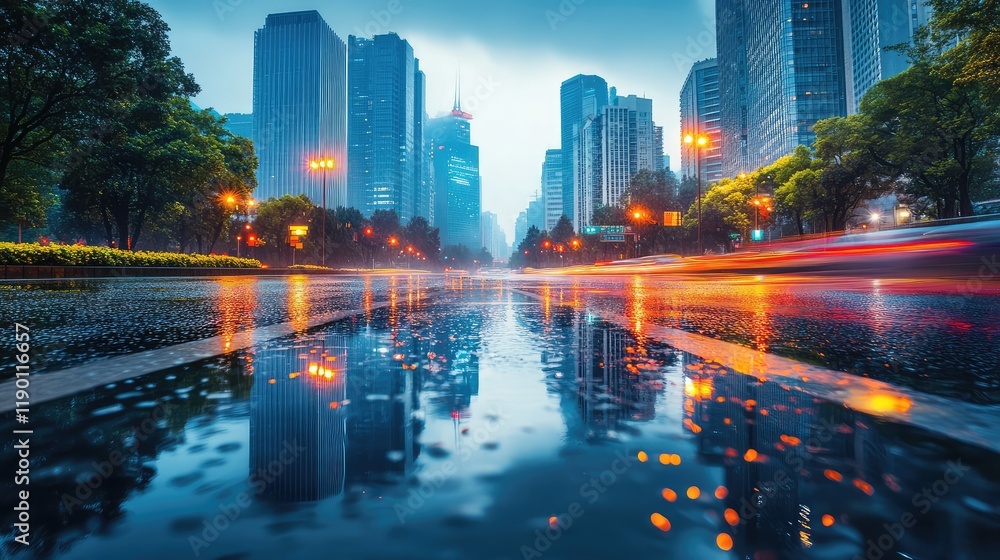 Fototapeta premium A sleek urban road with reflective surfaces from recent rain, modern architecture, and glowing traffic lights creating a futuristic vibe