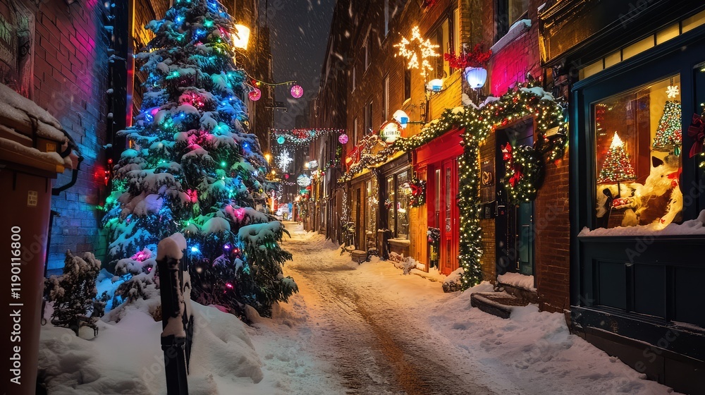 Obraz premium A snowy outdoor Christmas tree adorned with glowing colorful lights, creating a vibrant winter evening scene