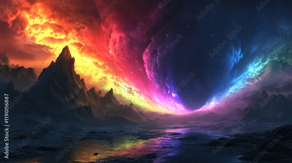 Naklejka premium Rainbow Cloudscape over Majestic Mountains and Serene Lake: A Fantasy Landscape