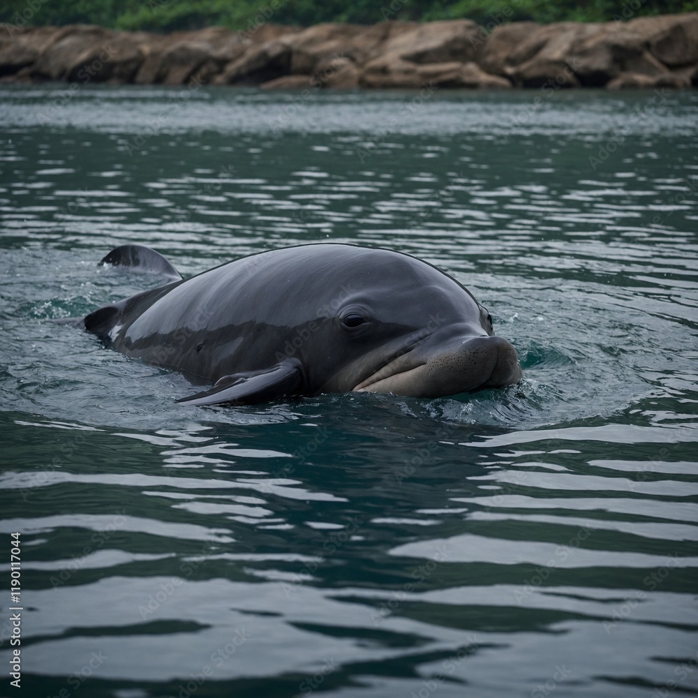 Fototapeta premium Yangtze finless porpoise swimming in a river, endangered species.