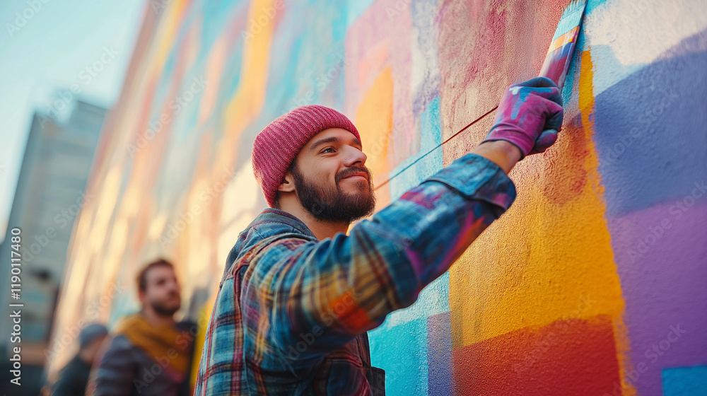 Obraz premium A urban scene of an artist creating a vibrant mural with spray paints and onlookers admiring the work