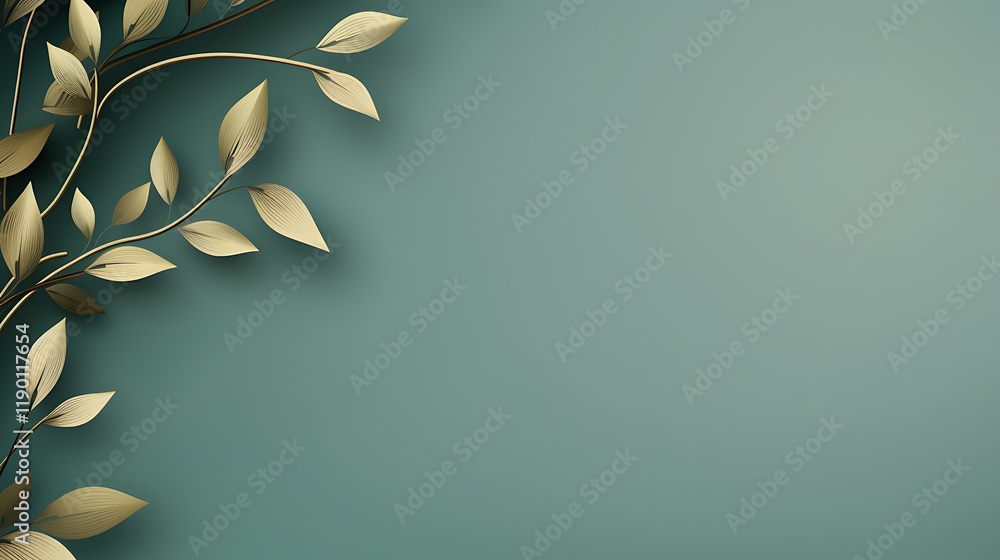 Golden Leaves Branch on Teal Background Design Golden Leaves Branch on Teal Background Design