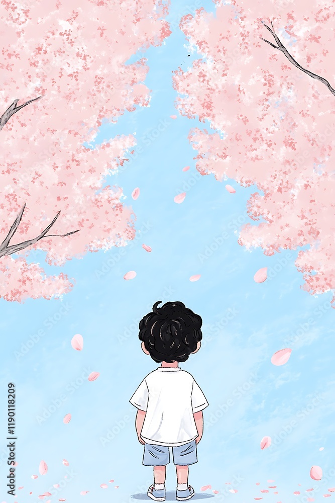 A Joyful Child Surrounded by Cherry Blossoms with Petals Falling in a Beautiful Spring Day A Joyful Child Surrounded by Cherry Blossoms with Petals Falling in a Beautiful Spring Day