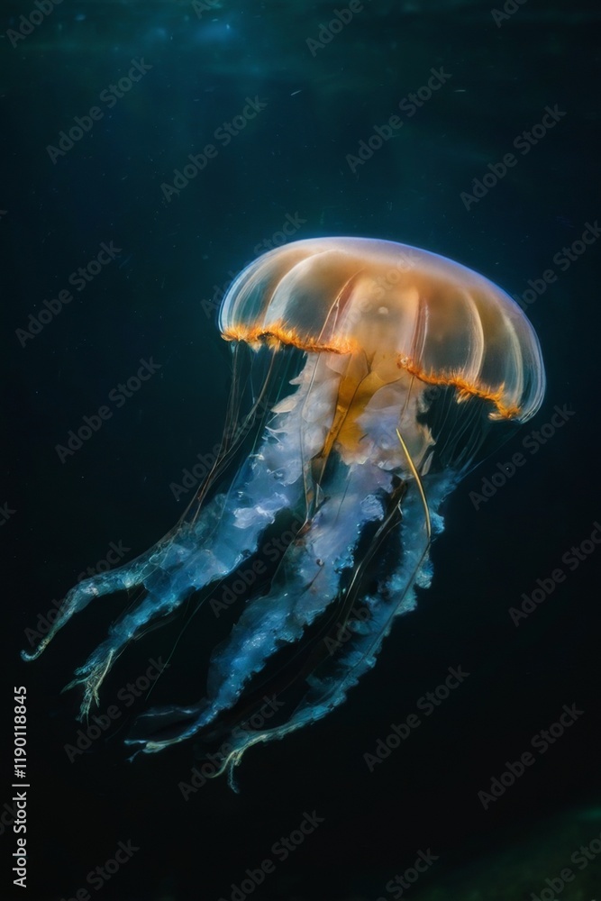 Jellyfish Swimming in Ocean with Long Slender Body and Colorful Tentacles in Peaceful Underwater Scene Jellyfish Swimming in Ocean with Long Slender Body and Colorful Tentacles in Peaceful Underwater Scene