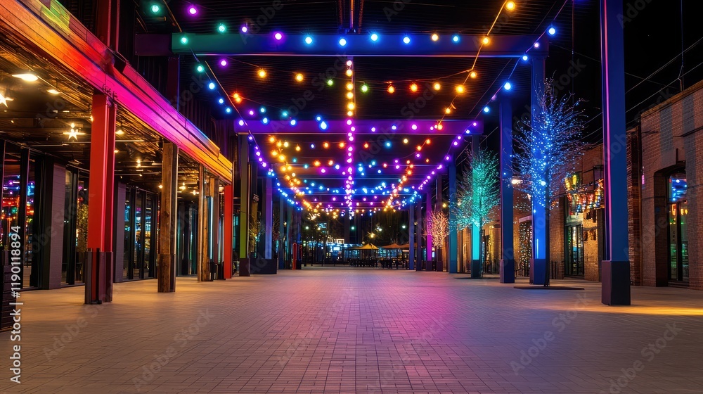 A street illuminated by bright, colorful lights, creating a lively atmosphere with an open area for copy at the center A street illuminated by bright, colorful lights, creating a lively atmosphere with an open area for copy at the center