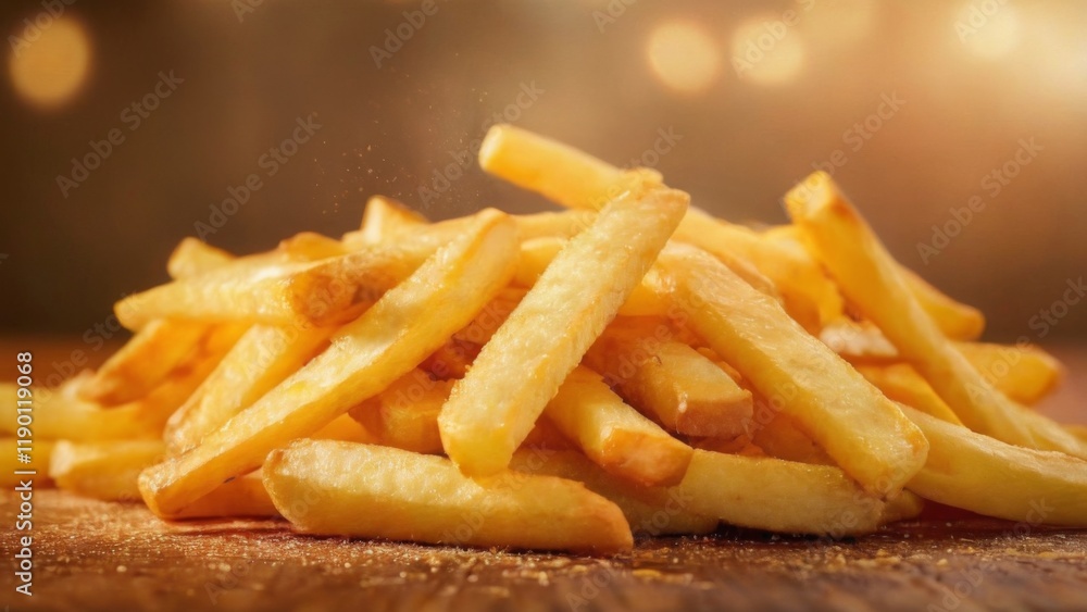 Freshly Cooked Golden Brown French Fries Piled on Wooden Surface with Seasoning Warm and Inviting Kitchen Scene Freshly Cooked Golden Brown French Fries Piled on Wooden Surface with Seasoning Warm and Inviting Kitchen Scene
