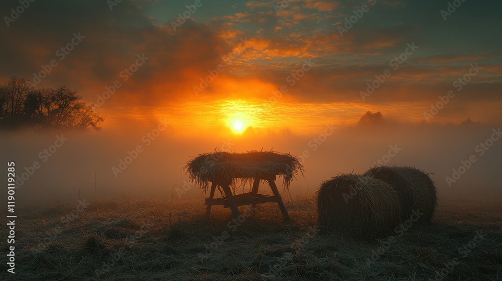 nativity holy night wooden cradle in a field with haystacks in the fog nativity holy night wooden cradle in a field with haystacks in the fog