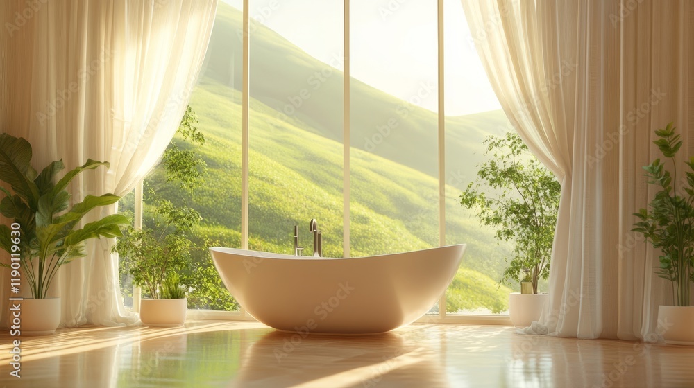 A tranquil bathroom with a freestanding tub, large windows showcasing hills and greenery, and soft sunlight illuminating the space A tranquil bathroom with a freestanding tub, large windows showcasing hills and greenery, and soft sunlight illuminating the space