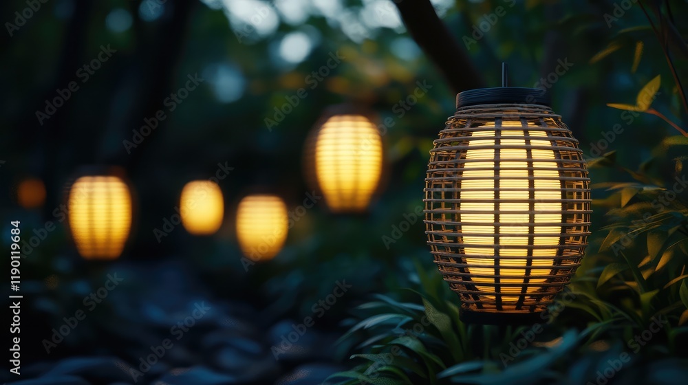 Fototapeta premium A tranquil scene of bamboo lanterns illuminating a garden, with plenty of space for text in the foreground