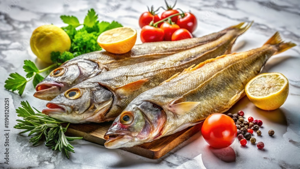 Authentic stoccafisso, Italian dried cod, shines on a marble countertop; a high-resolution culinary masterpiece. Authentic stoccafisso, Italian dried cod, shines on a marble countertop; a high-resolution culinary masterpiece.