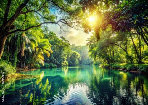 Calm tropical lake, lush green forest reflected, vintage photo evokes serenity.