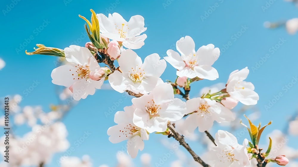 Obraz premium A Beautiful Spring Day Under Cherry Blossom Trees with Petals Dancing in the Breeze