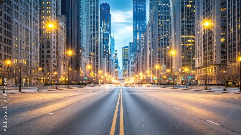 A view down an empty city street at night with glowing streetlights casting long shadows, creating space for copy in the foreground A view down an empty city street at night with glowing streetlights casting long shadows, creating space for copy in the foreground