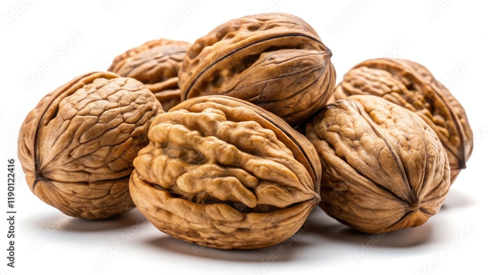Crisp close-up: Walnuts, candidly captured against a stark white backdrop. Crisp close-up: Walnuts, candidly captured against a stark white backdrop.