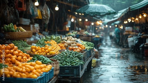 outdoor market in vietnam on a rainy da