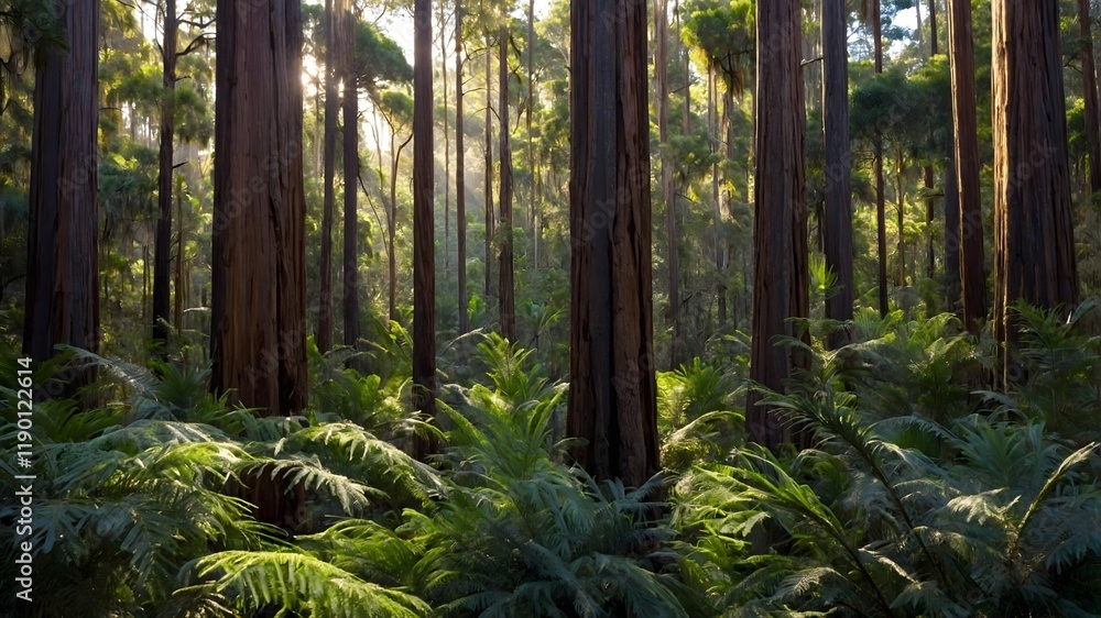 Fototapeta premium Wollemi Pine Forest: Illuminated Sanctuary of Timeless Trees