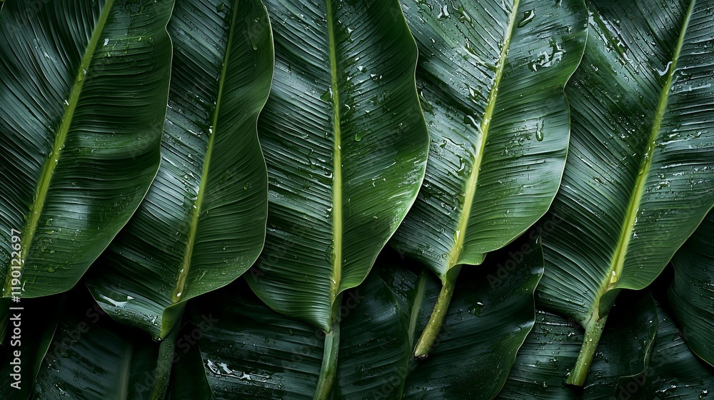 Lush Green Leaves with Water Drops Close-Up on a Natural Background Lush Green Leaves with Water Drops Close-Up on a Natural Background