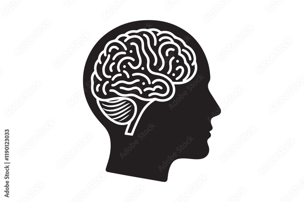Human head profile with brain symbol, black icon vector illustration Human head profile with brain symbol, black icon vector illustration
