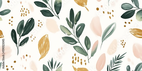 Watercolor floral pattern, leaves, blush, gold, green, design, textile, wallpaper