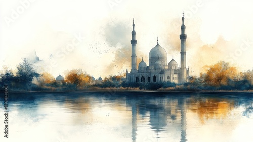 Watercolor painting of a grand mosque by a calm lake at sunset.