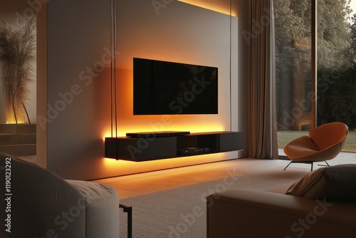 A modern living room with a suspended TV console, sleek furniture, and indirect LED lighting for a soft glow photo