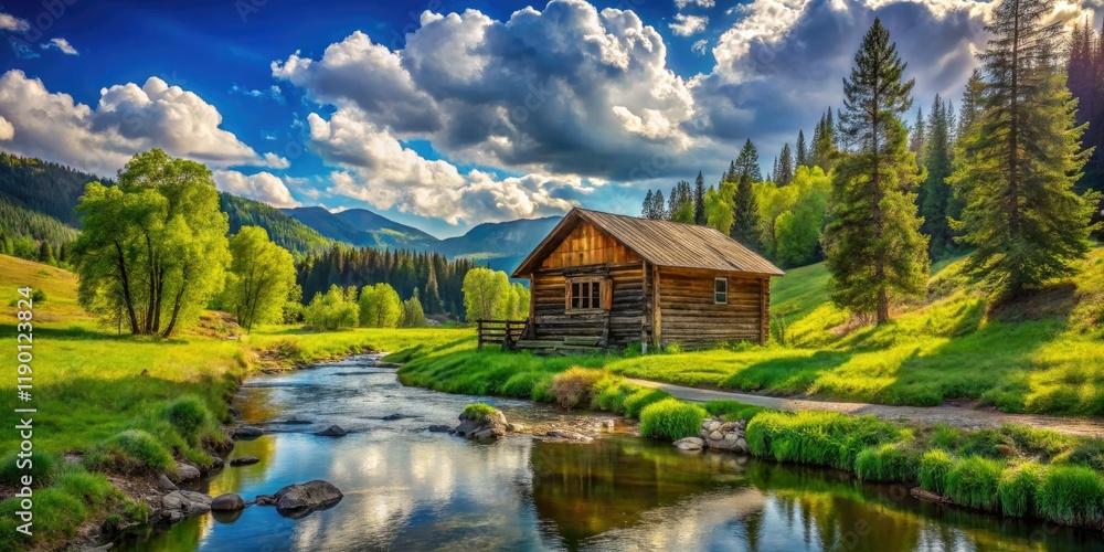 Fototapeta premium Dreamy cottage nestled in surreal rustic hills, clouds drift over a flowing stream.