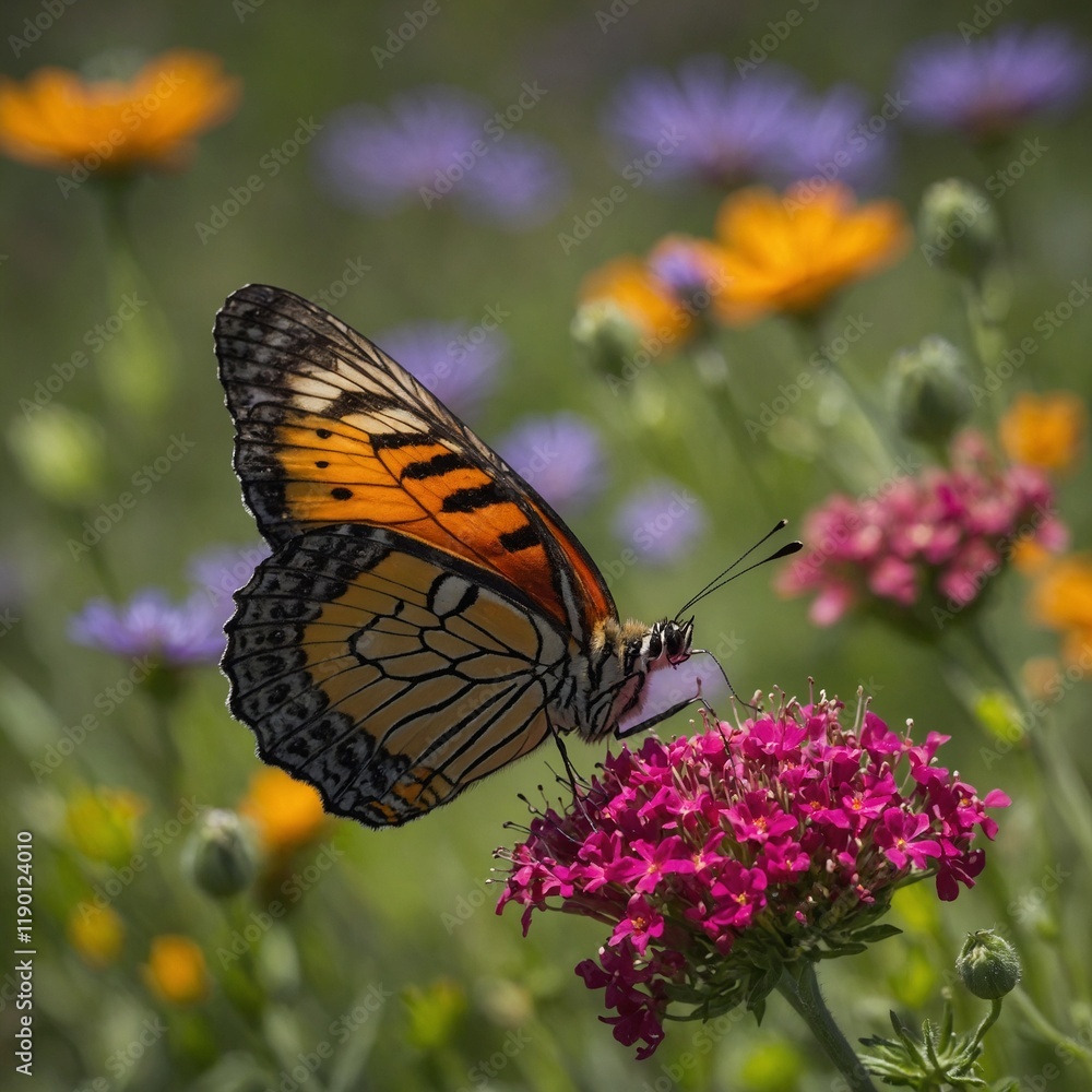 Obraz premium A butterfly landing on a brightly colored wildflower.