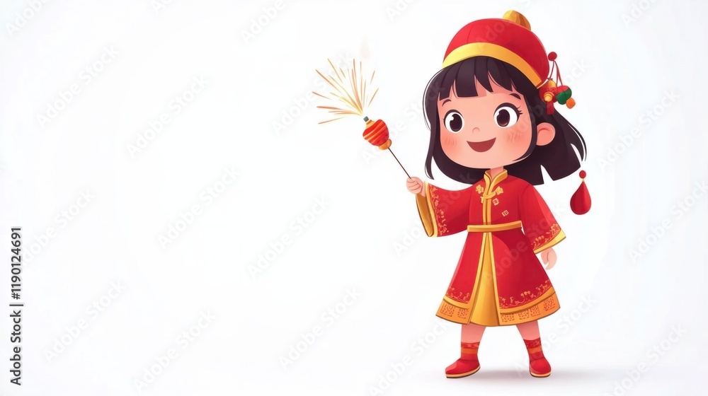 A cartoon girl holding a firecracker and wearing a festive Chinese outfit, looking cheerful, isolated on white A cartoon girl holding a firecracker and wearing a festive Chinese outfit, looking cheerful, isolated on white