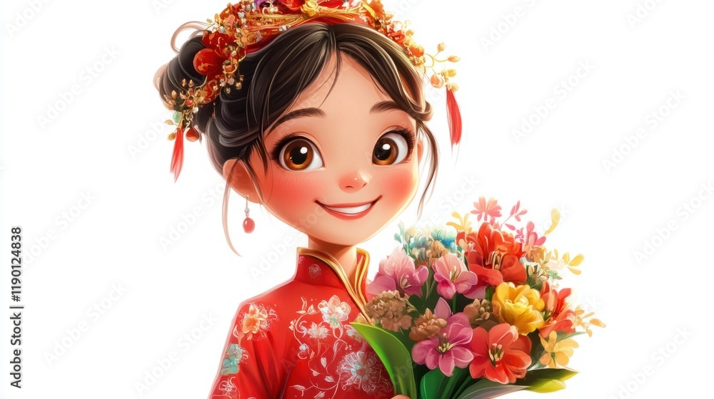 A cartoon girl in a festive red Chinese costume, holding a bouquet of flowers, smiling brightly, isolated on white