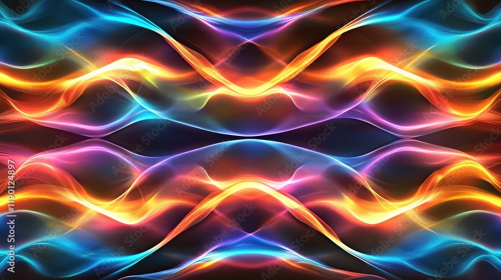 Naklejka premium Colorful LED lights forming an abstract pattern with blurred edges, glowing brightly against a dark background with room for copy