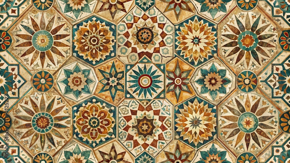 Distressed Moroccan tile seamless pattern with intricate geometric designs and natural hues, featuring earthy tones and ornate details , decorative, tile Distressed Moroccan tile seamless pattern with intricate geometric designs and natural hues, featuring earthy tones and ornate details , decorative, tile