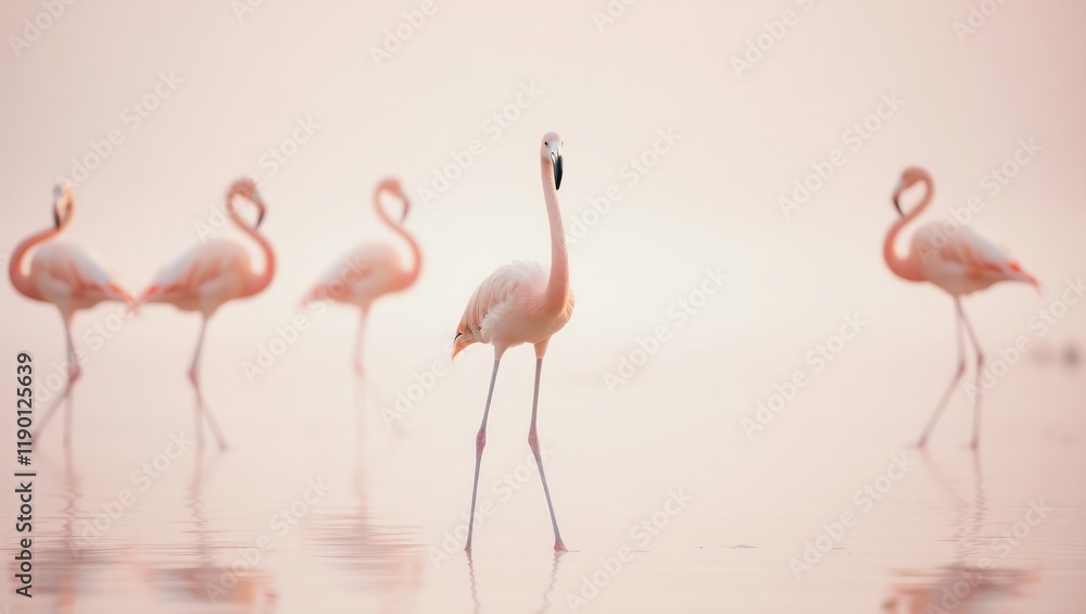 Obraz premium Graceful pink flamingos wade in the tranquil lake, their vibrant feathers a spectacle of nature's beauty