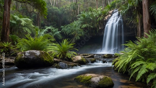Tranquil Beauty: Wollemi Pine Near a Cascading Waterfall