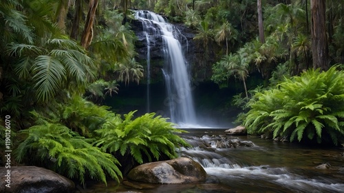 Nature’s Tranquil Splendor: Wollemi Pine Beside a Soothing Waterfall