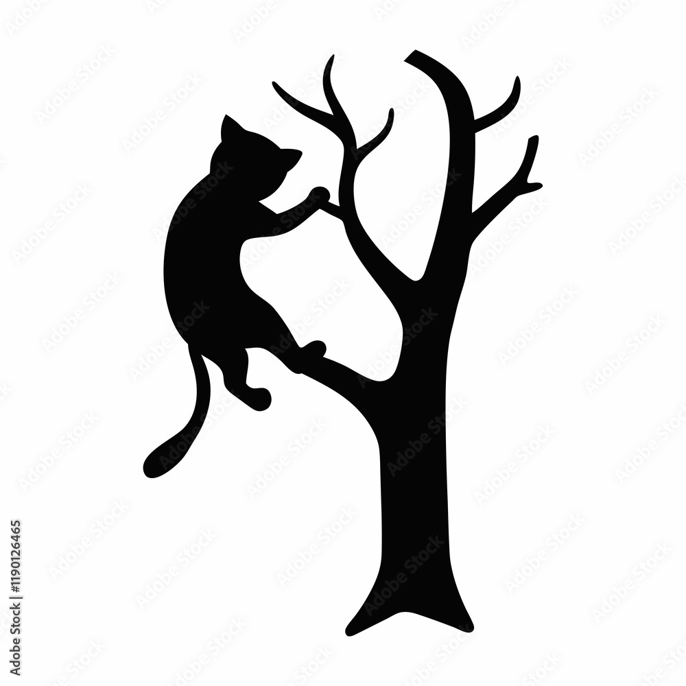 Vector-silhouette-of-little-gay-cat climbing tree (1)