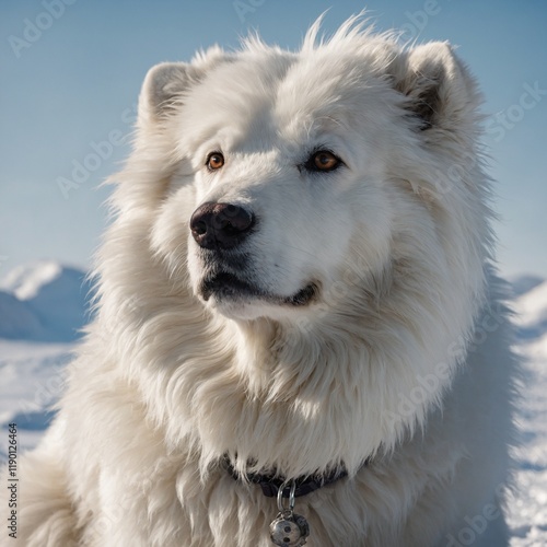 A cartoon-style Arctic dog with exaggerated fluffy features, white background.

