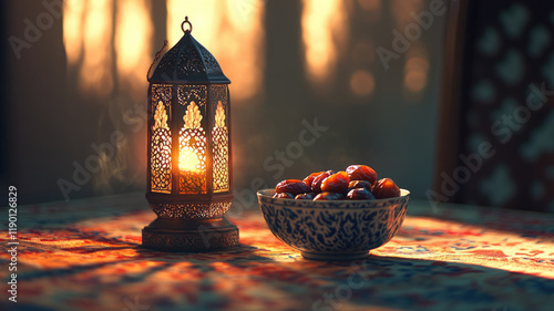 Arabic lantern with glowing light and a bowl of dates on a patterned fabric for Ramadan celebration photo