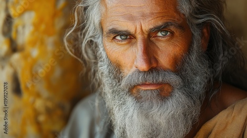 portrait of an old patriarch with a long beard and mustache on the background of an ancient wall biblical character