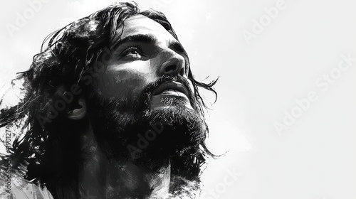 portrait of jesus christ in black and white with copy space vector illustration