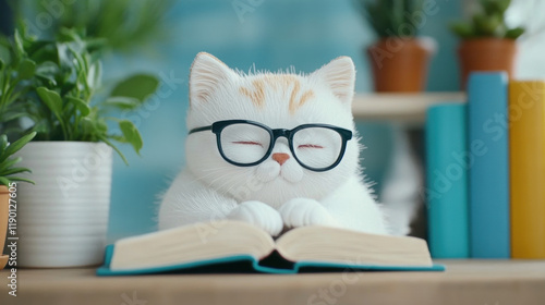 Claymation cat, A cute cat wearing glasses sits atop an open book surrounded by plants, creating a cozy and scholarly atmosphere. photo