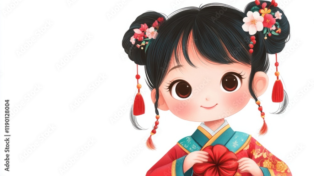 A cute cartoon girl with pigtails holding a decorative red knot, looking adorable in her traditional Chinese outfit, isolated on white A cute cartoon girl with pigtails holding a decorative red knot, looking adorable in her traditional Chinese outfit, isolated on white