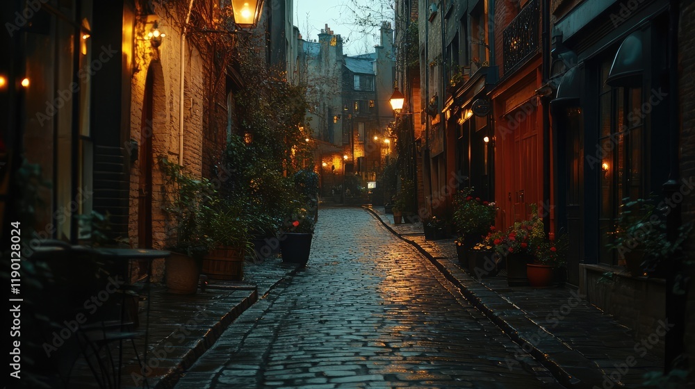 Fototapeta premium Lantern-style outdoor lights glowing on a cobblestone street in a cozy, picturesque evening scene