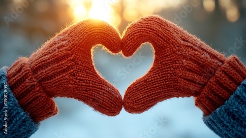 Woman hands in soft knitted gloves forming a heart shape, illuminated by a rich golden sunset, the natural warmth contrasting with the cool winter background. photo